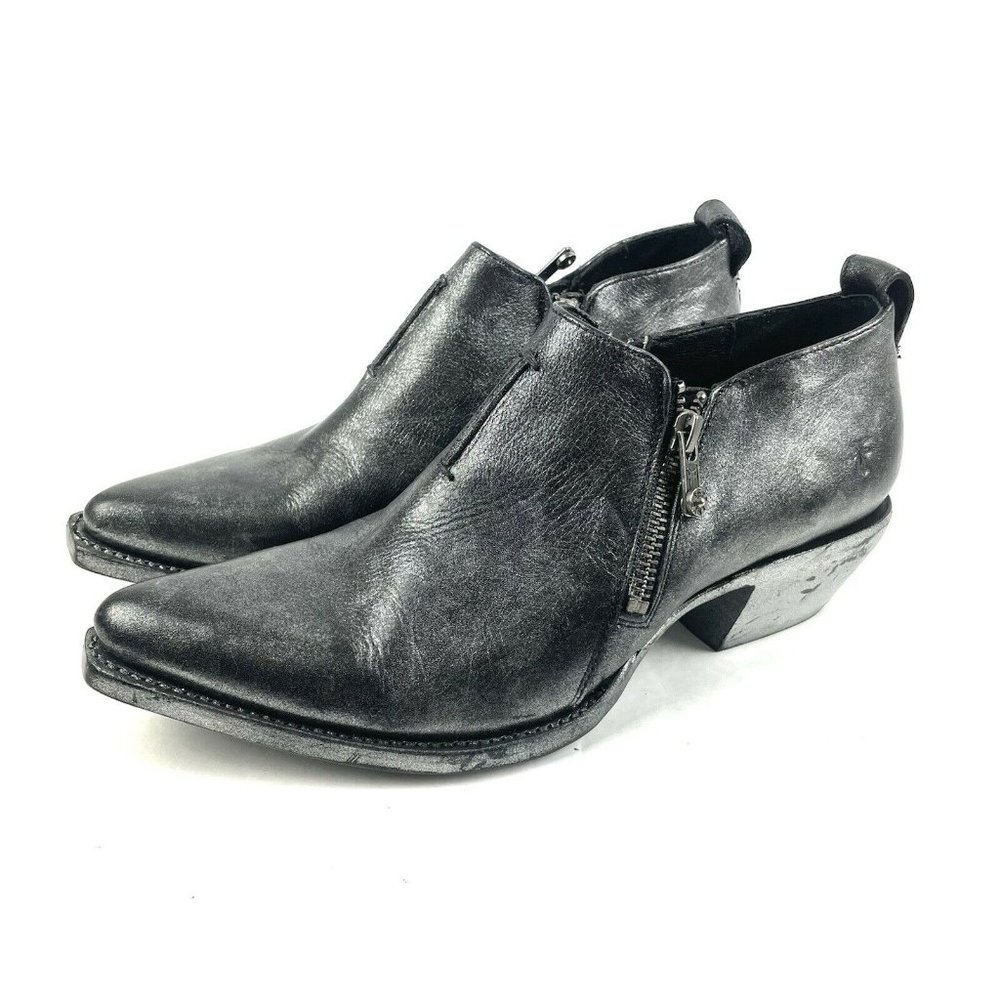 Frye Sacha Moto Shootie 7.5 Metallic Silver Black Leather Side Zip Bootie